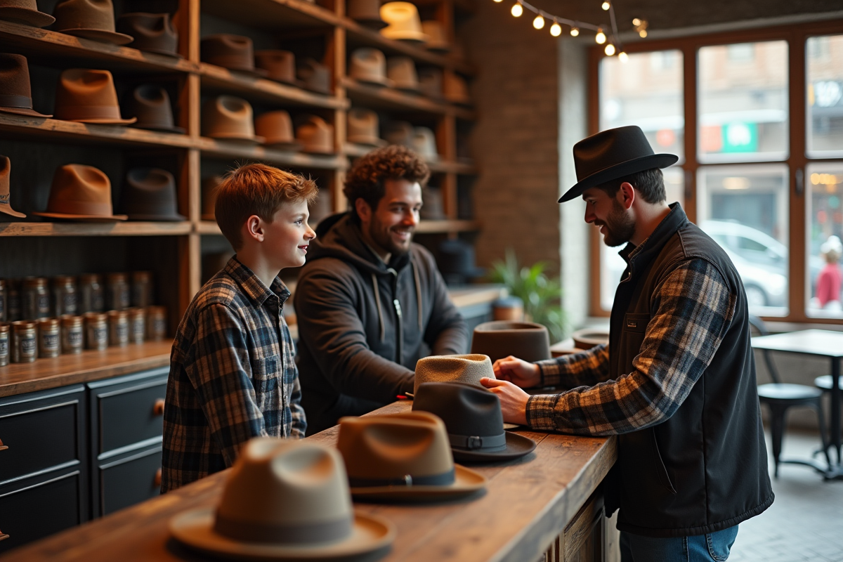 Adolescent essayant des chapeaux dans une boutique chaleureuse
