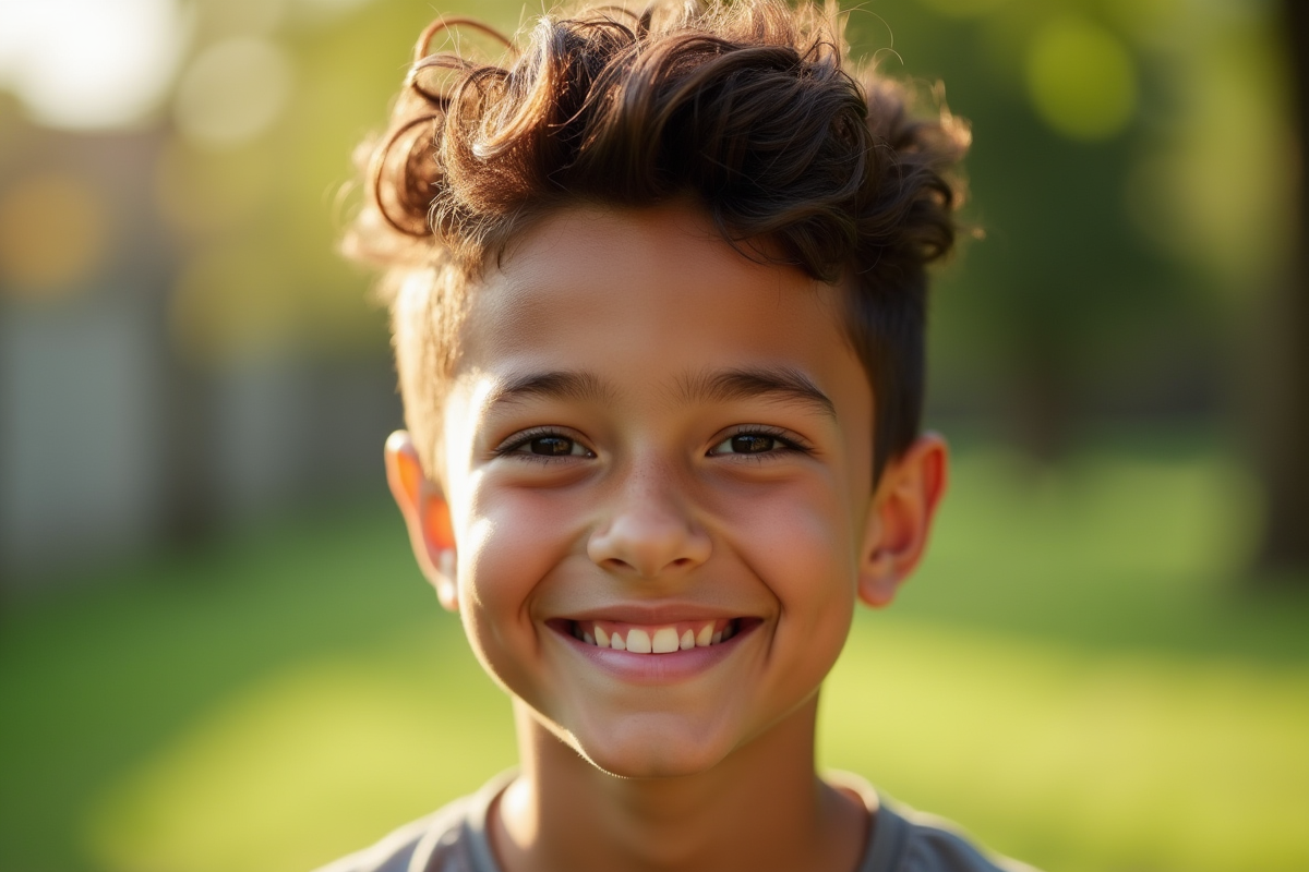 Adolescent souriant avec la coupe Inoxtag en extérieur