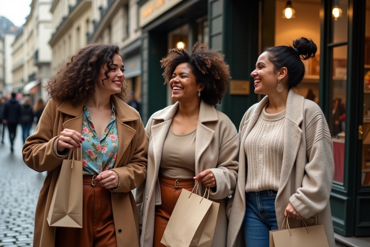 Groupe d'amies grandes tailles riant devant une friperie parisienne dans le Marais, tenant leurs trouvailles vestimentaires vintage