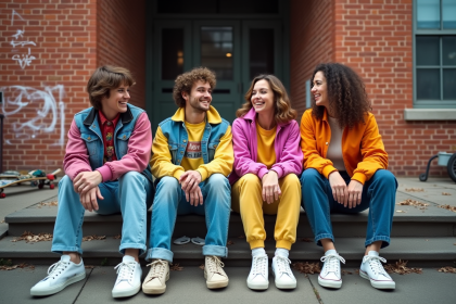 Groupe d'amis dans la rue en mode années 80