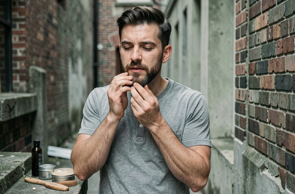 Jeune homme appliquant du baume à barbe sur sa barbichette dans un environnement urbain avec produits de grooming posés sur un rebord en béton