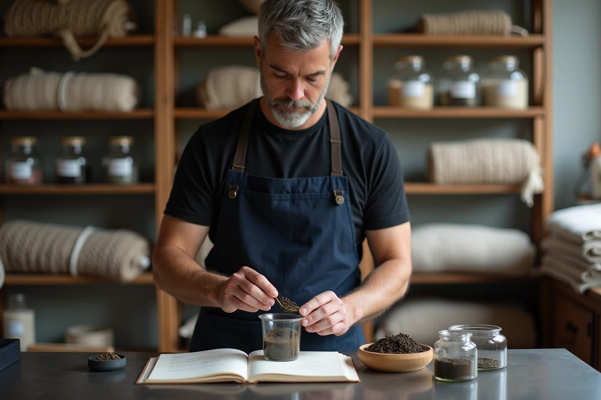 Artisan textile préparant une recette de teinture noire naturelle à base de thé noir et de mordant au fer dans un studio de teinture écologique durable