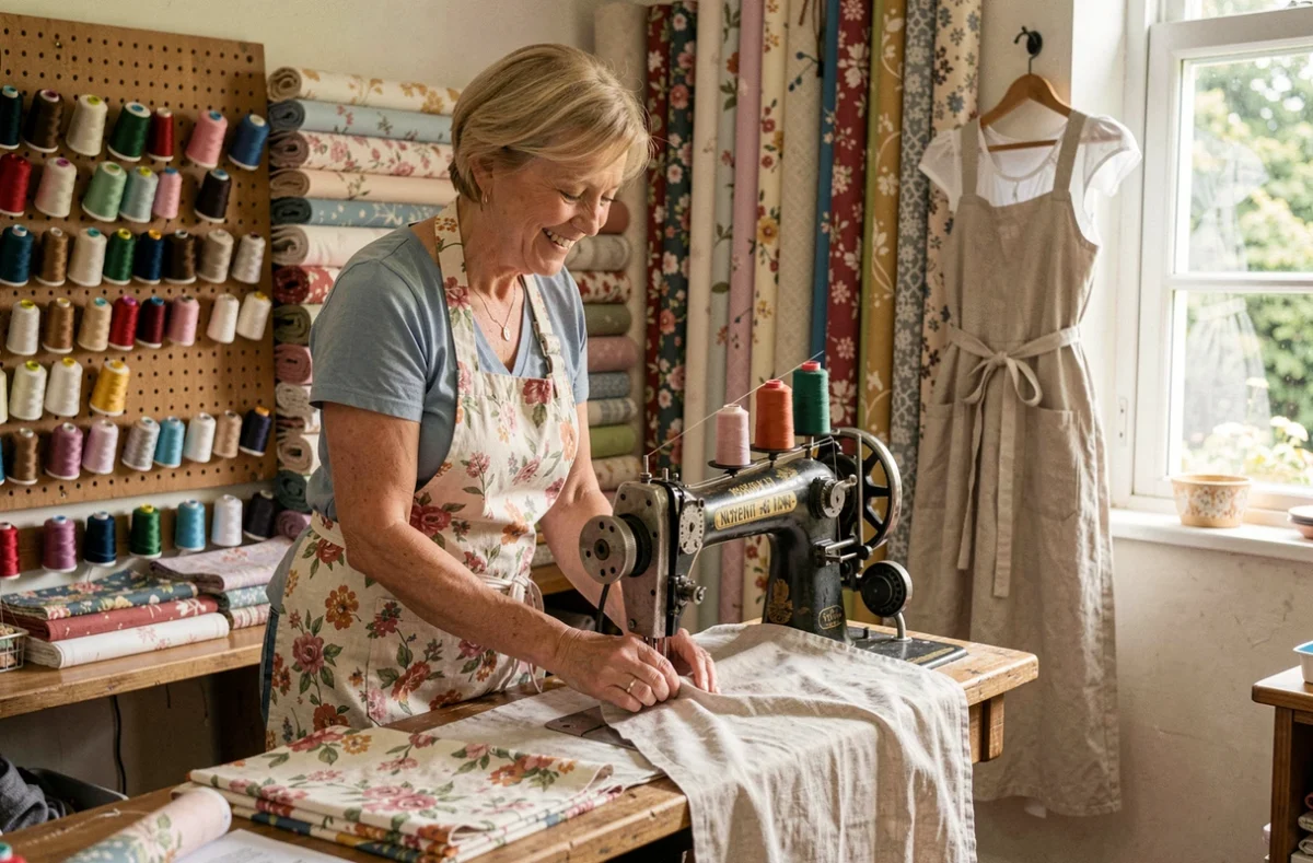 Couturière de l'Atelier Couture Aulune travaillant sur une surjeteuse dans son atelier à Baume-les-Dames