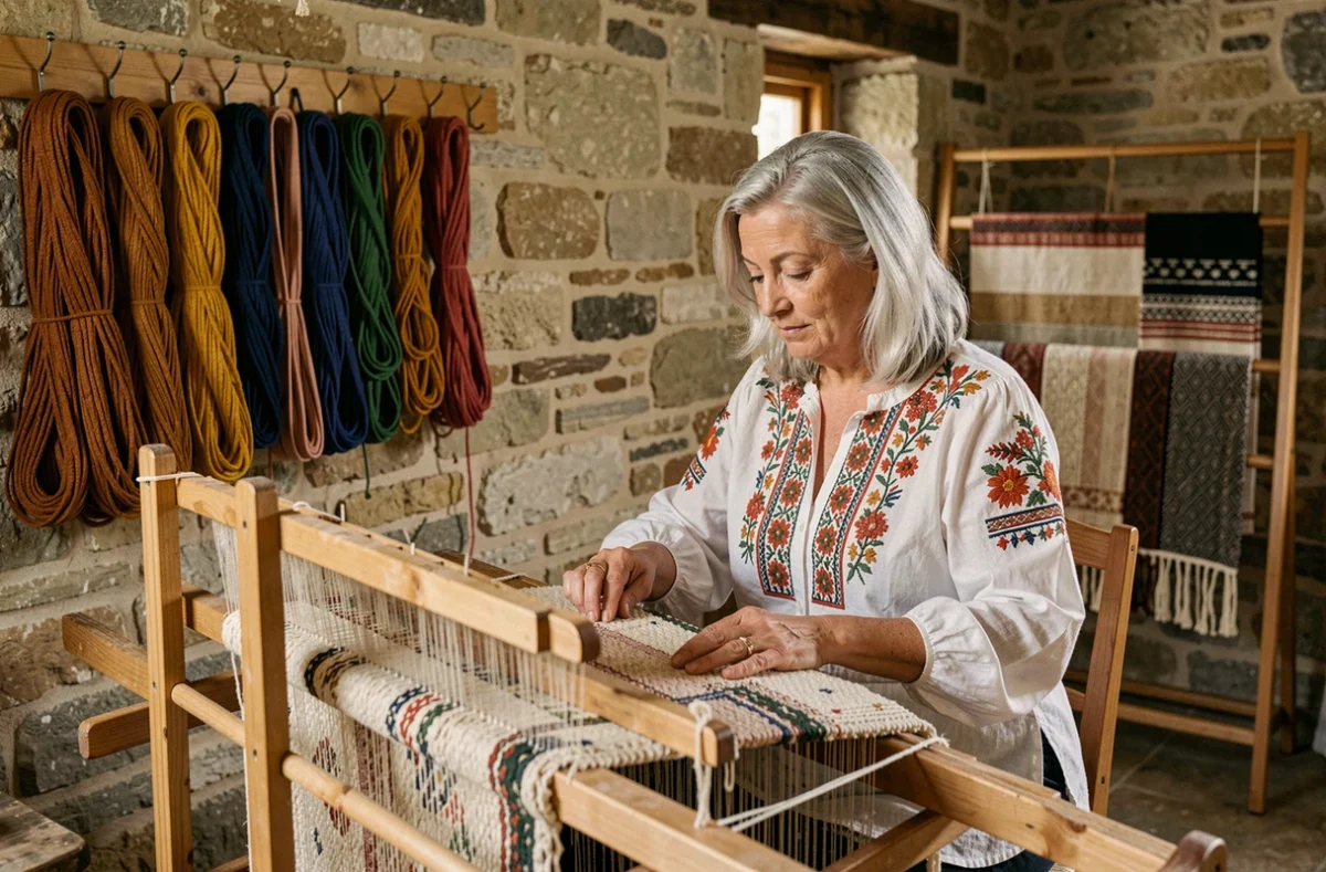 Artisane de l'Atelier Noceli tissant une pièce textile artisanale dans un atelier en pierre de Bourgogne