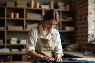 Couturière de l'atelier SIAM à Toulouse réalisant une retouche sur un blazer en laine sur une table de travail en bois