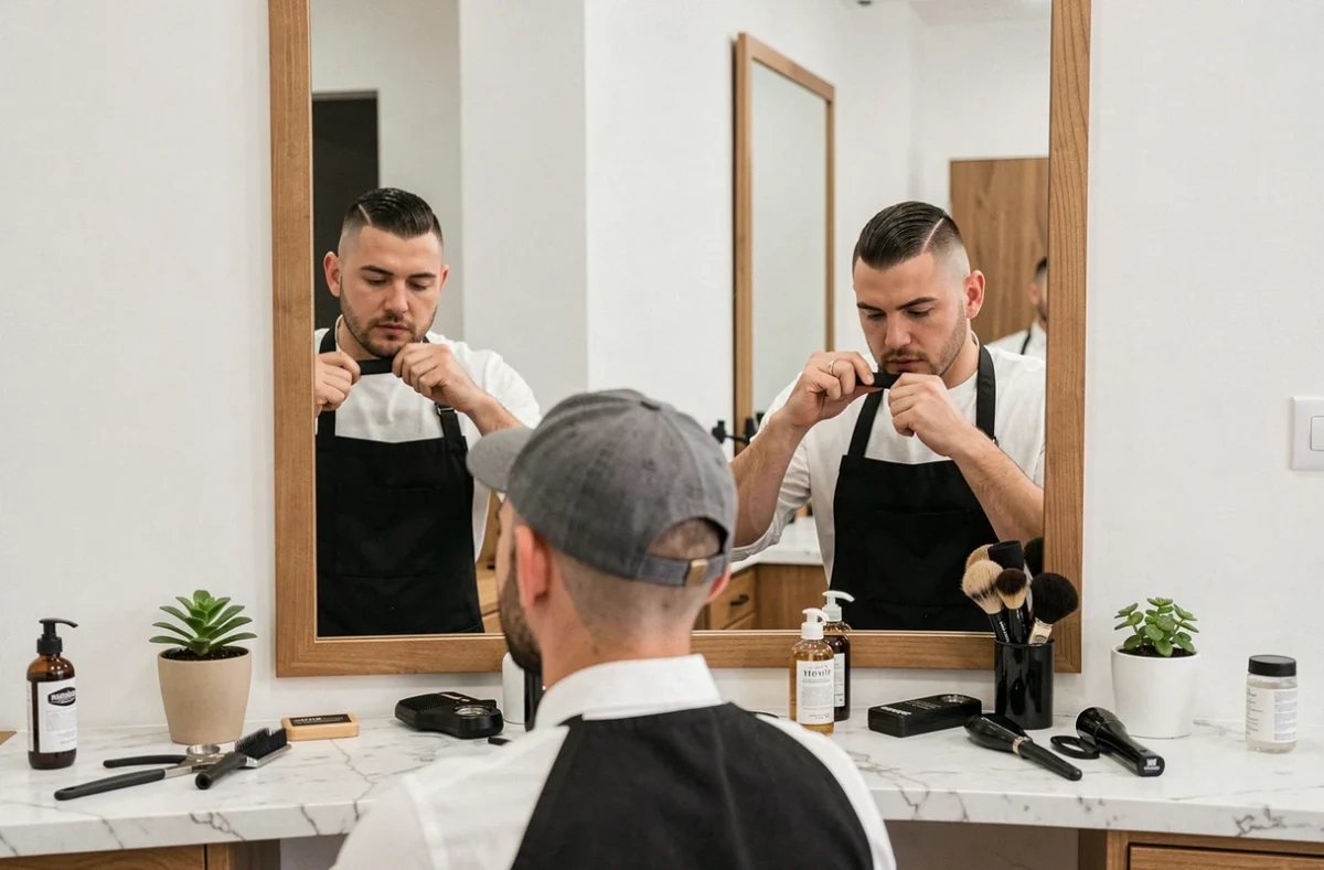 Barbier ajustant une casquette dad hat sur un client avec coupe taper fade visible dans le miroir