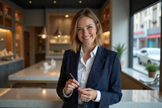 Bijoutière souriante dans un atelier moderne examinant une bague