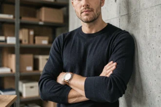 Homme portant un bracelet chaîne en argent brossé discret et une montre minimaliste, style urbain sobre