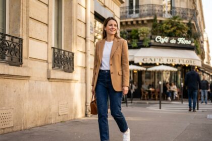 Femme portant un blazer camel avec jean et sneakers dans une rue parisienne, style casual chic au quotidien