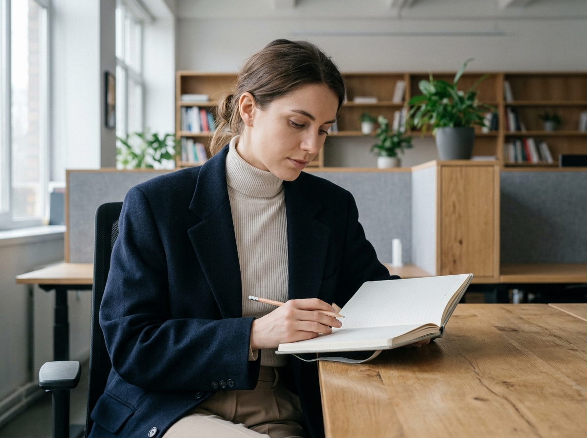 Femme en blazer marine oversize au bureau avec pull col roulé, tenue professionnelle et moderne au travail