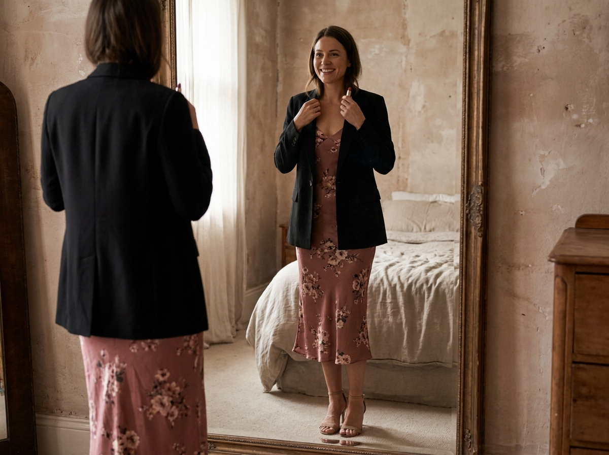 Femme associant un blazer noir avec une robe fleurie devant un miroir, look féminin et élégant au quotidien