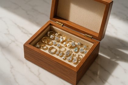 Photo hyperrealiste d'une boite à bijoux en bois ouverte sur un marbre blanc avec des boucles d'oreilles en or et argent