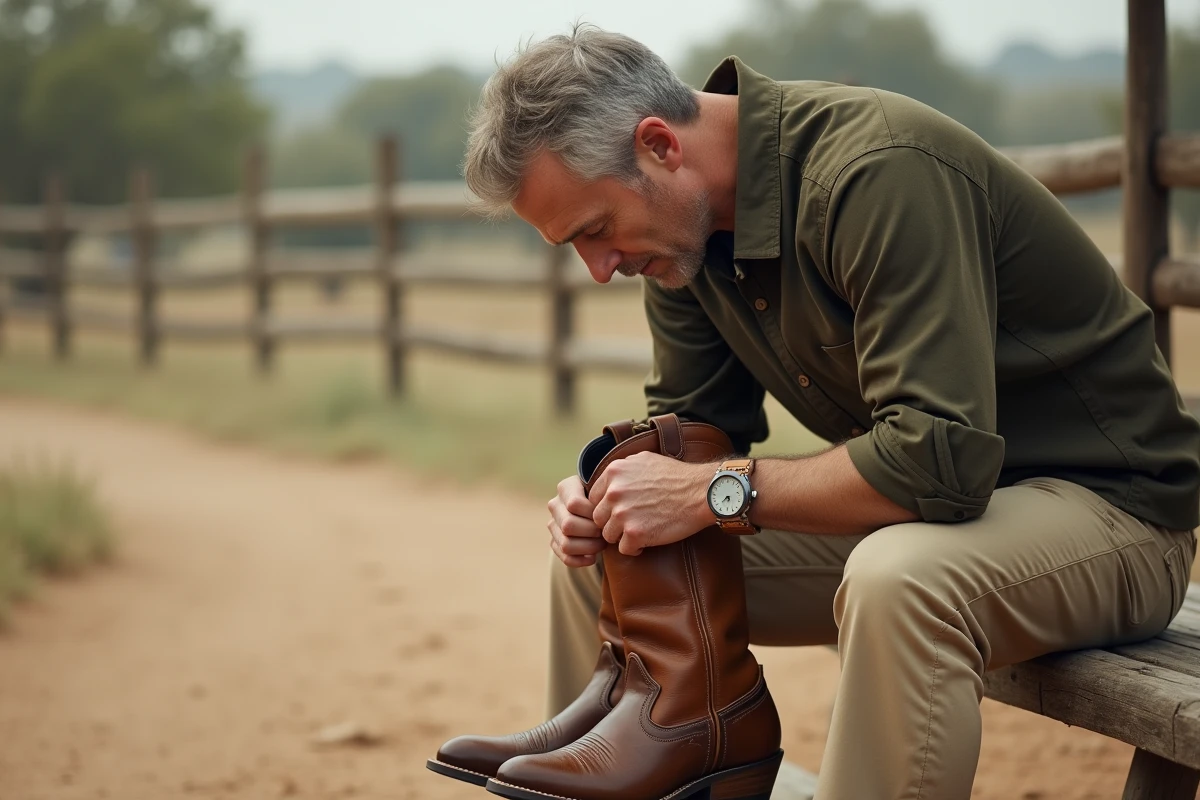 Homme en bottes cowboy caramel assis sur un banc en bois rustique dans un ranch américain