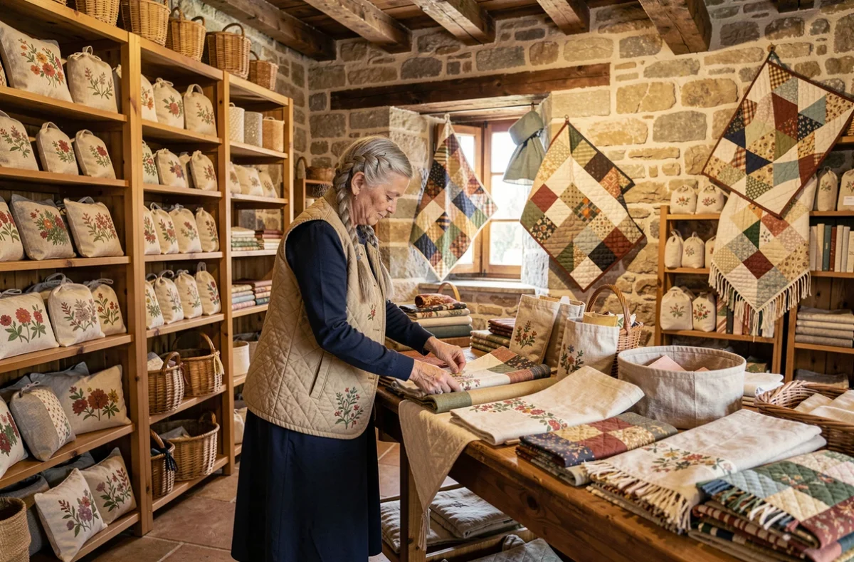 Boutique de la Ferme du Val Dampierre à Vézelay avec créations textiles artisanales exposées sur des tables en bois
