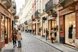 Rue commerçante de Tours avec des boutiques de prêt-à-porter féminin et des devantures élégantes sur pavés