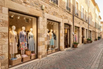 Rue commerçante du Vaucluse avec des boutiques de prêt-à-porter féminin aux vitrines colorées et façades en pierre de Provence