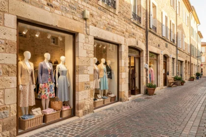 Rue commerçante du Vaucluse avec des boutiques de prêt-à-porter féminin aux vitrines colorées et façades en pierre de Provence