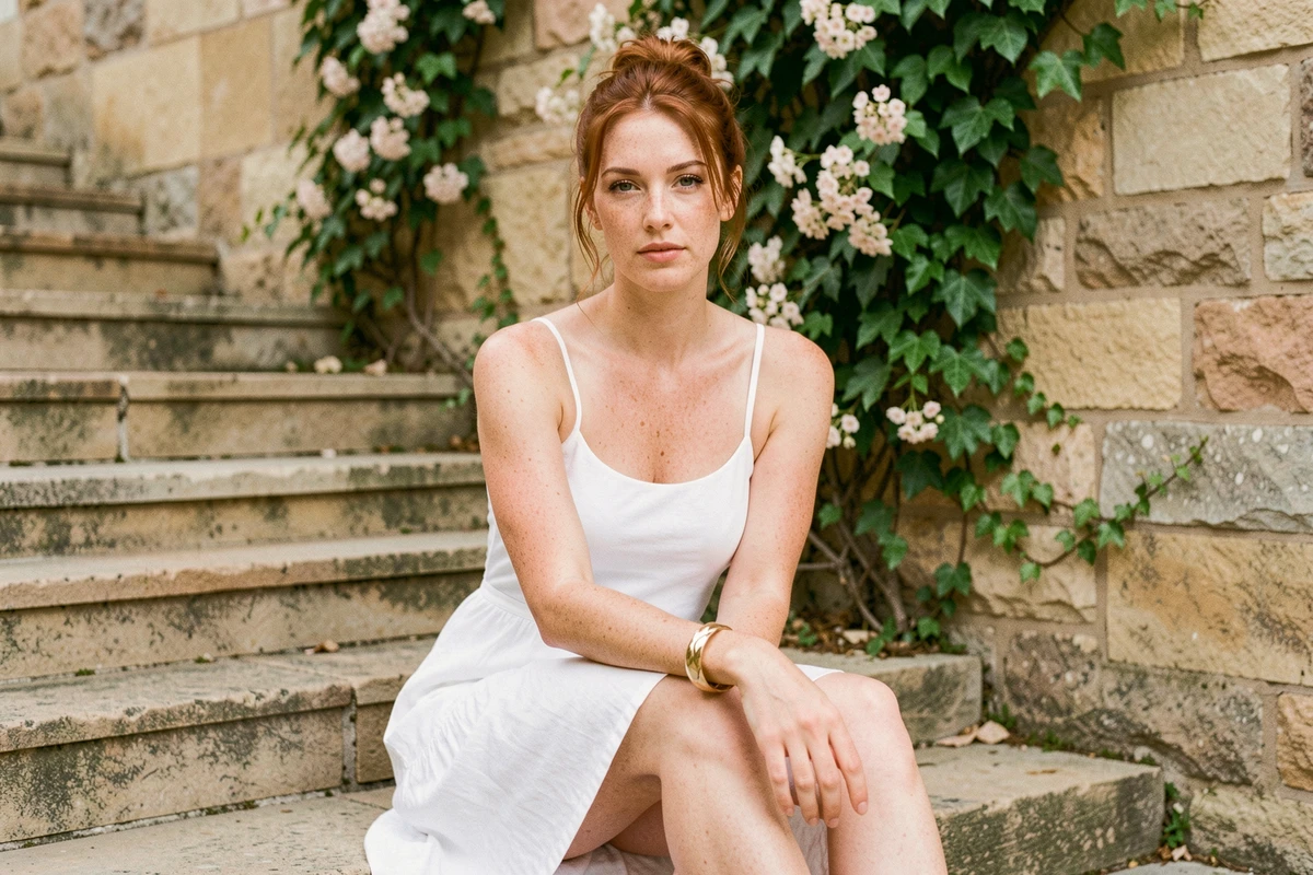 Jeune femme assise sur des marches en pierre portant un bracelet en or poli mis en valeur au naturel dans un cadre extérieur fleuri