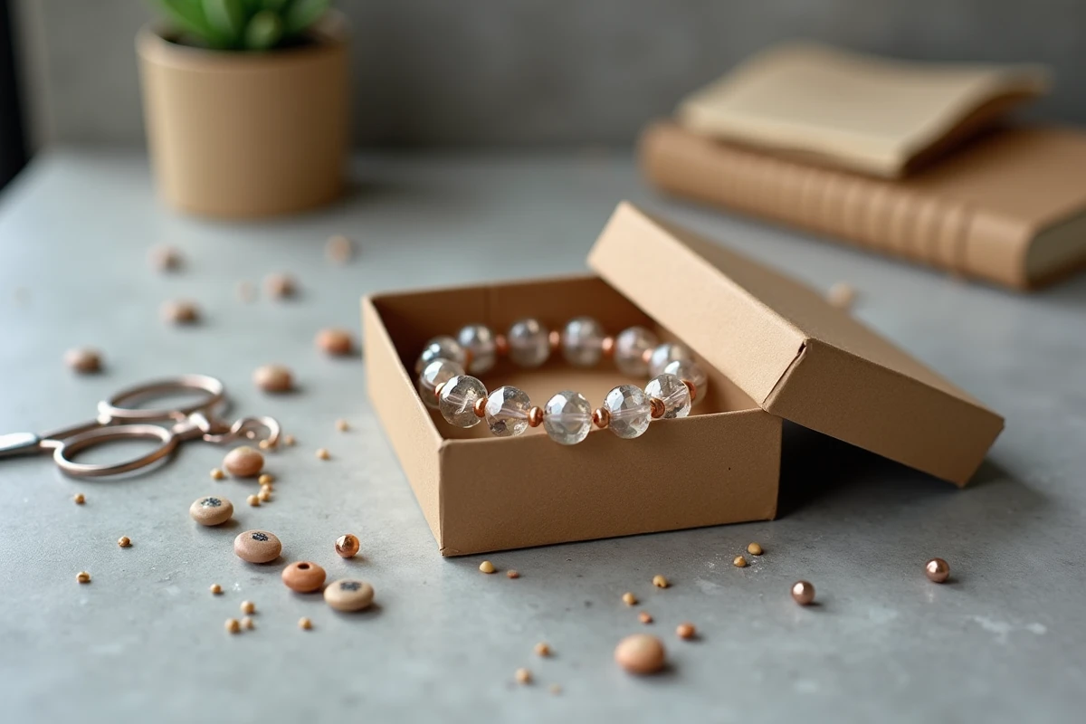 Bracelet perlé fait main posé sur le couvercle d'un kit de bracelet débutant entouré de perles éparpillées et d'une fiche d'instructions sur béton gris