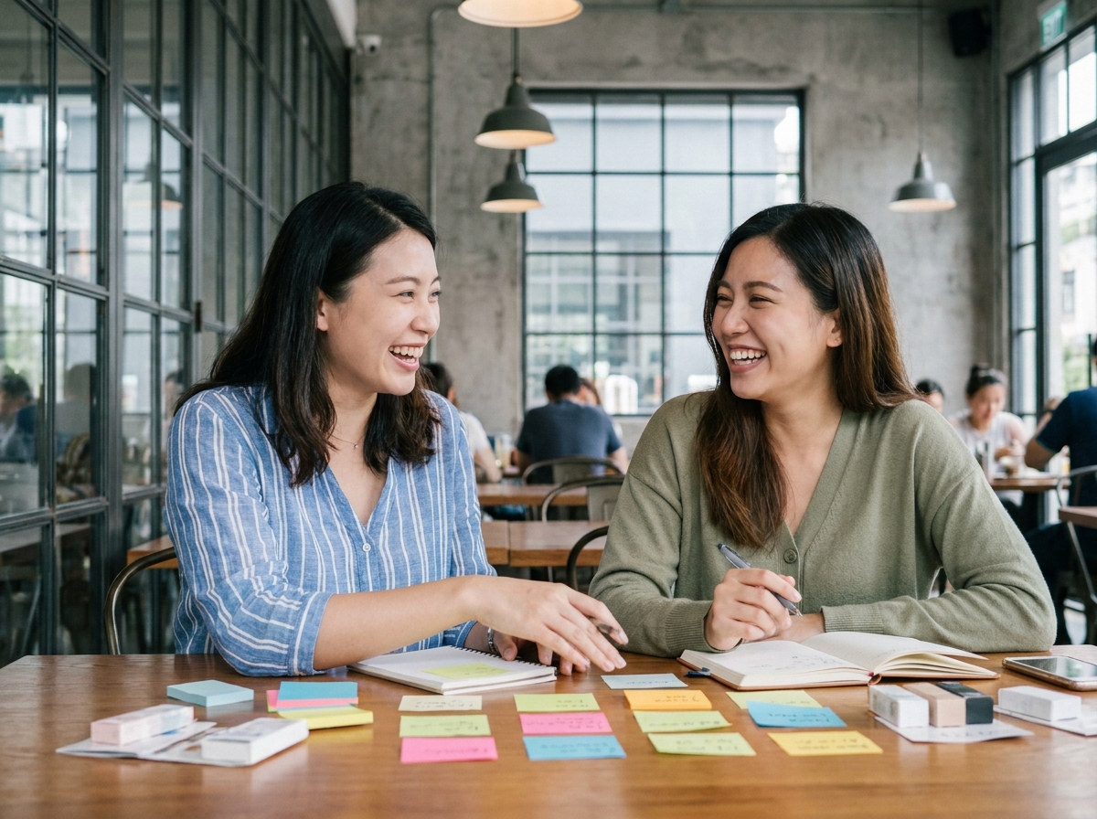 Deux femmes réfléchissant ensemble à des idées de cadeaux personnalisés autour d'une table de café avec des notes et des échantillons de produits