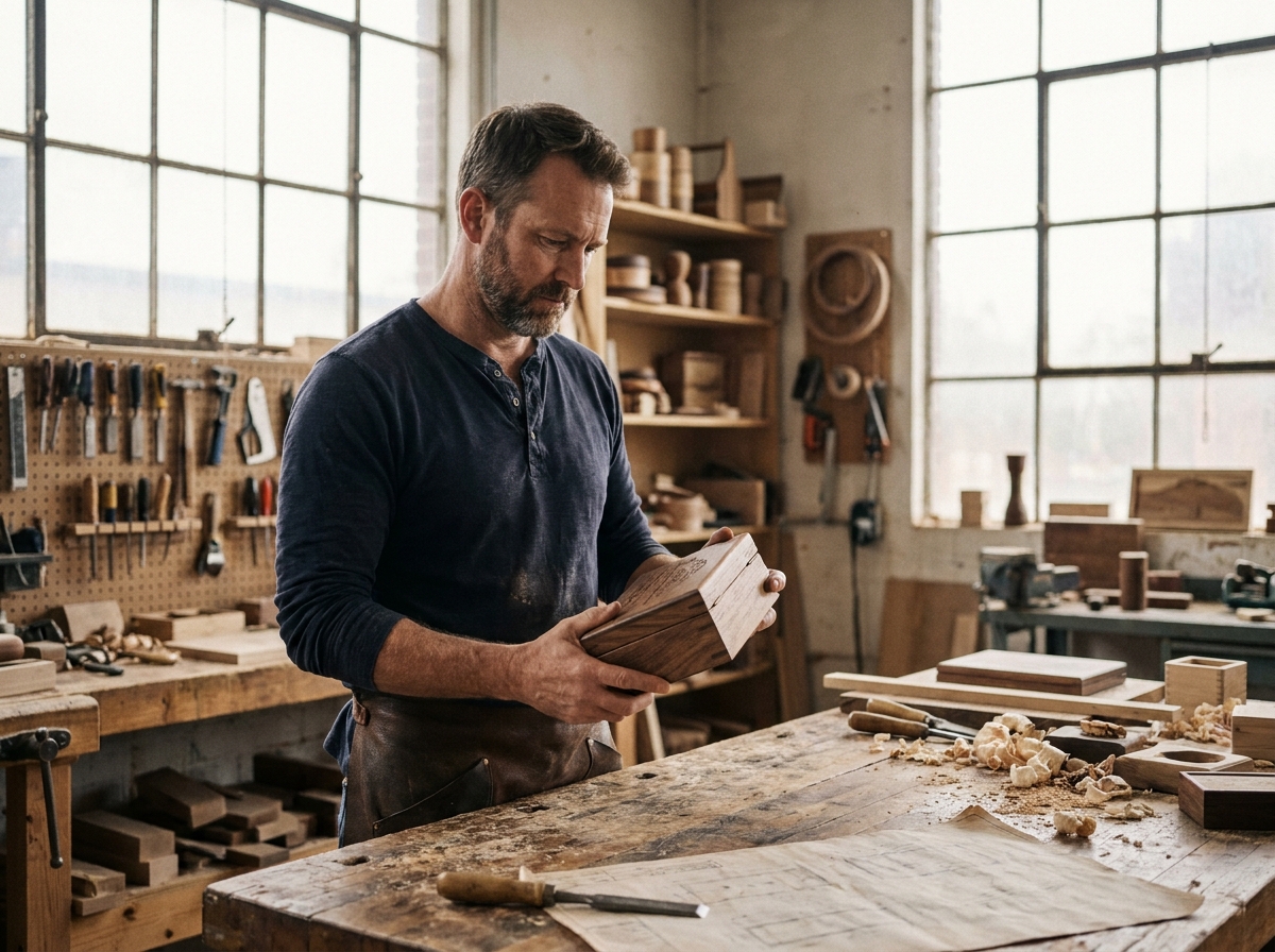 Homme examinant un coffret en bois gravé personnalisé dans un atelier artisanal en bois avec des outils en arrière-plan