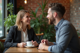 Femme et homme discutant dans un café cosy