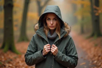 Femme détachant la capuche amovible de sa veste outdoor en forêt en automne