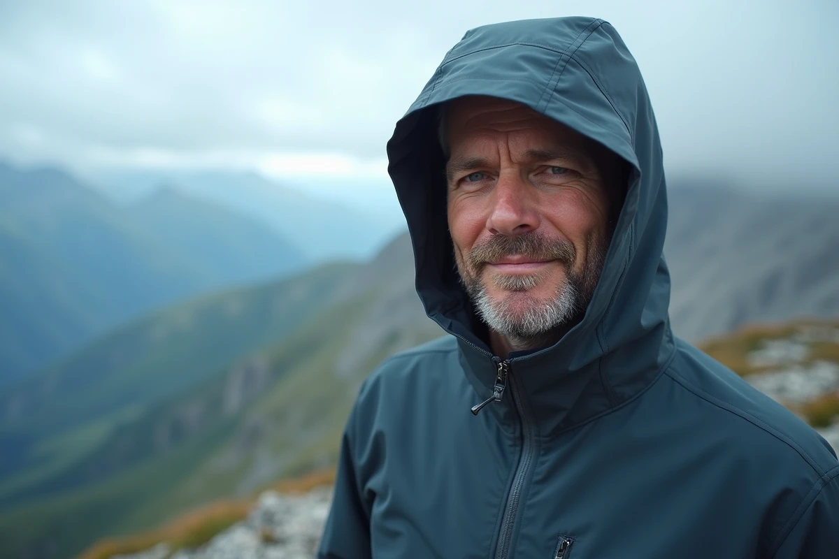 Homme en veste de randonnée avec capuche intégrée sur une crête montagneuse par temps couvert