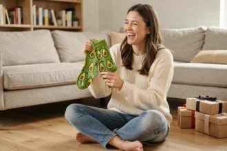 Femme riante tenant des chaussettes humoristiques avec motif avocat, assise sur un parquet en bois dans un salon cosy, idée cadeau original pour femme