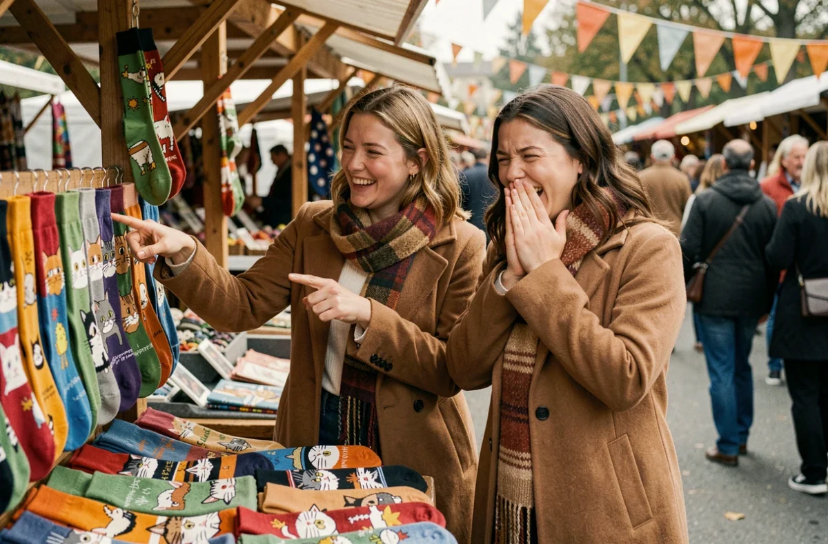 Deux amies découvrant des chaussettes humoristiques féminines sur un marché artisanal, moment de complicité autour d'un cadeau amusant et original