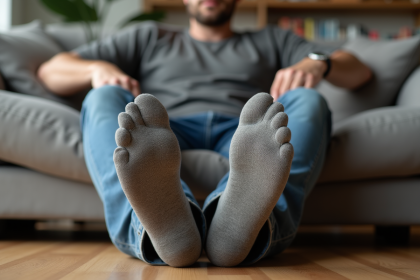 Homme assis sur un canapé avec chaussettes dépareillées