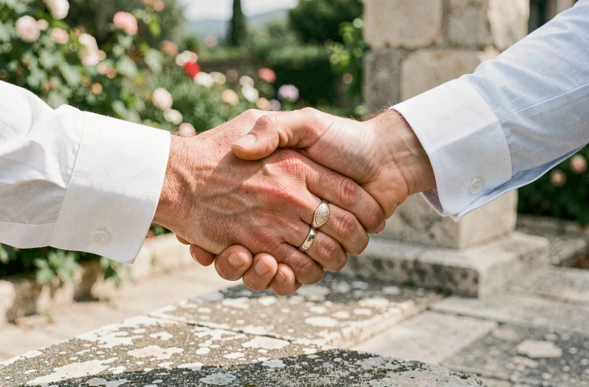 Deux hommes tenant leurs mains avec chevalière or blanc et alliance, symbole d'engagement masculin photographié en extérieur