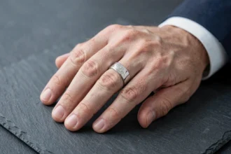 Chevalière en or blanc portée à la main d'un homme sur fond ardoise, vue en gros plan macro pour fiançailles masculines