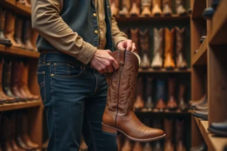 Homme examinant une botte cowboy en cuir marron dans une boutique spécialisée de bottes western