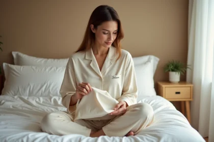 Femme tenant un pyjama personnalisé brodé sur un lit douillet, idéal comme cadeau unique