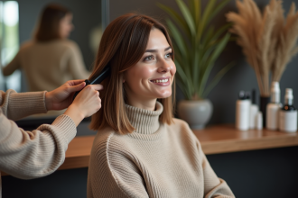 Femme dans un salon de coiffure en train de se faire couper les cheveux