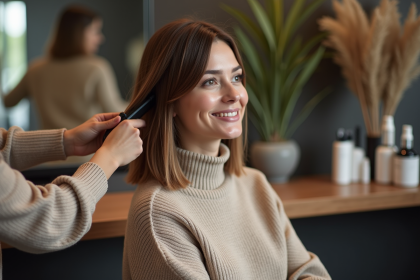 Femme dans un salon de coiffure en train de se faire couper les cheveux