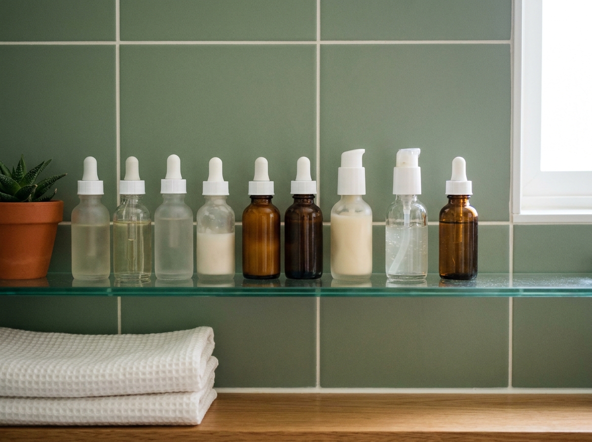 Collection de sérums pour peau grasse en flacons disposés sur une étagère en verre dans une salle de bain moderne