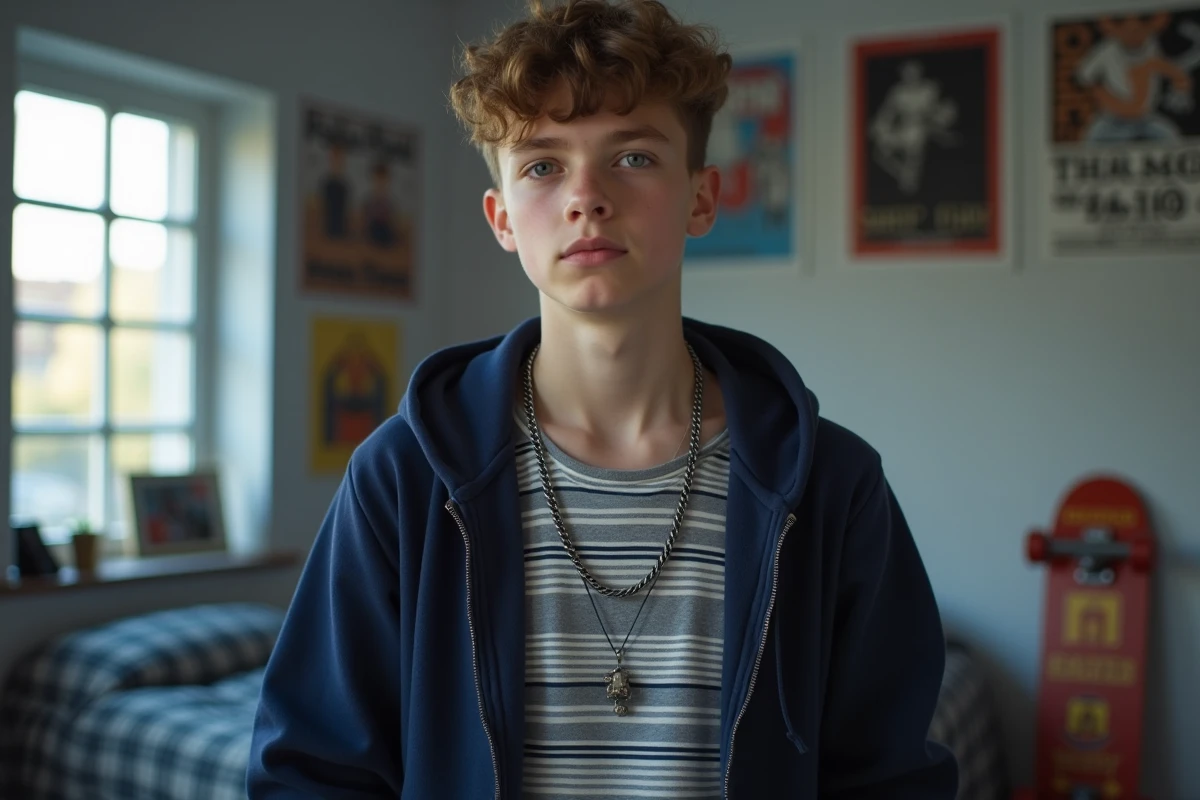 Ado garçon avec collier chaîne acier et pendentif dans une chambre moderne