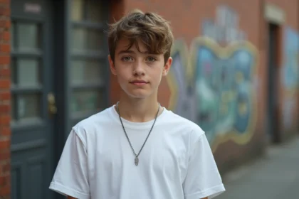 Adolescent portant une fine chaîne argentée sur t-shirt blanc dans un cadre urbain