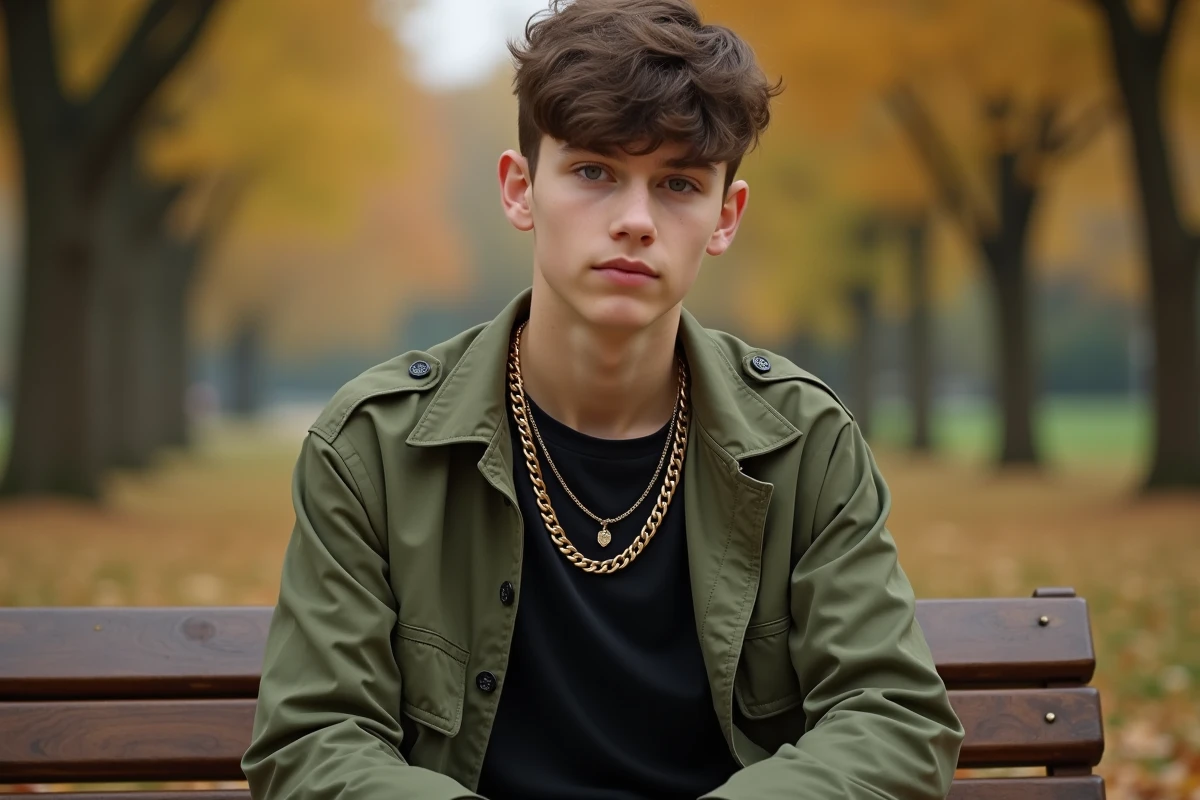 Adolescent avec collier chaîne dorée en superposition dans un parc en automne