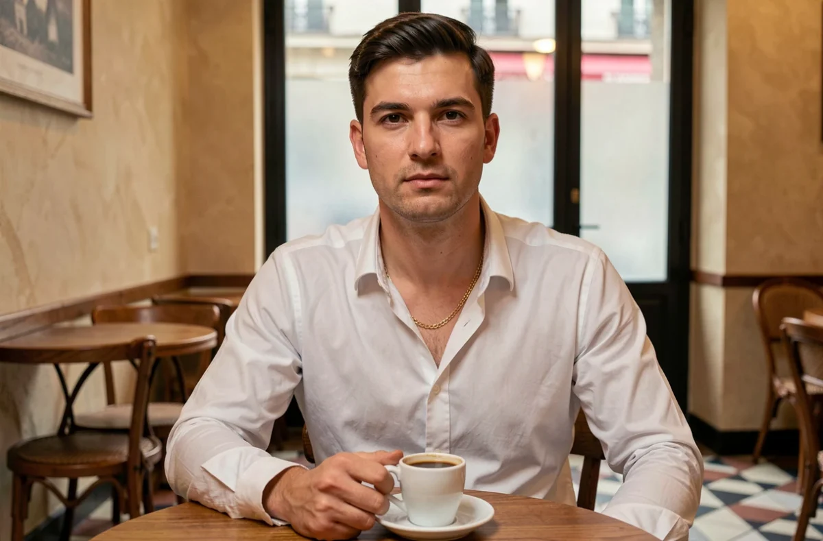 Homme jeune avec une fine chaîne en or discète portée sur une chemise blanche dans un café parisien