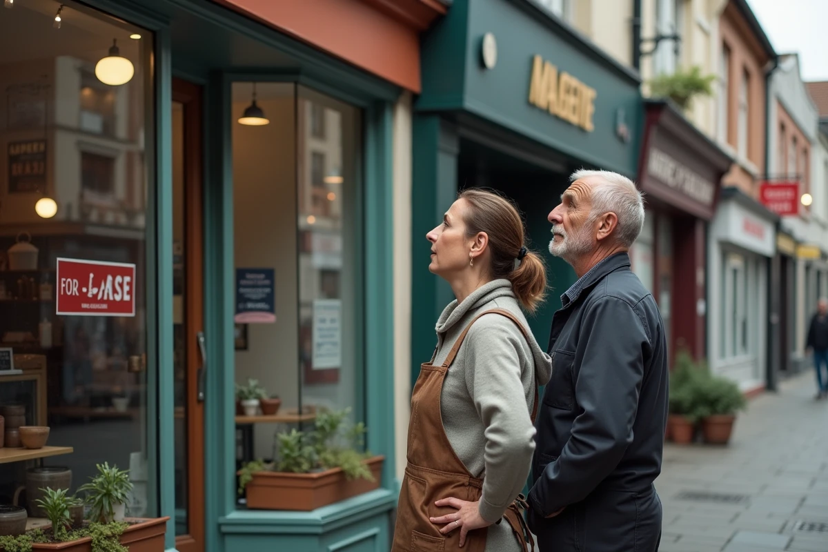 Commerçants indépendants inquiets devant un local commercial vide à louer dans une rue piétonne de centre-ville