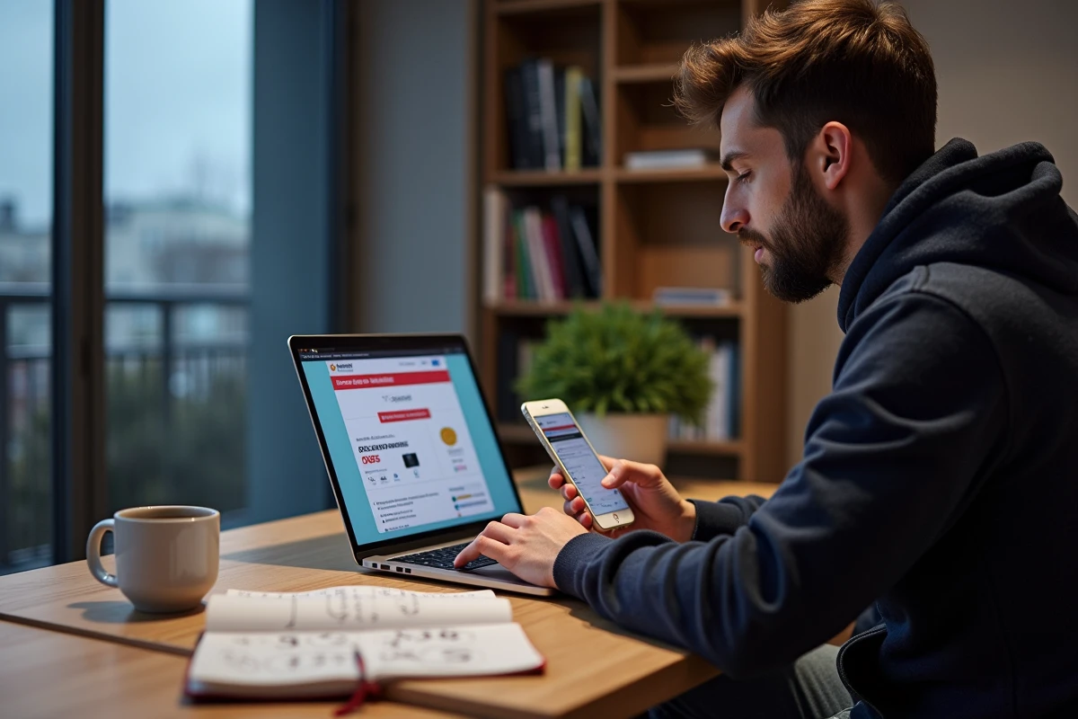 Homme comparant les offres du Black Friday et des soldes français sur ordinateur portable et smartphone avec des notes de comparaison de prix