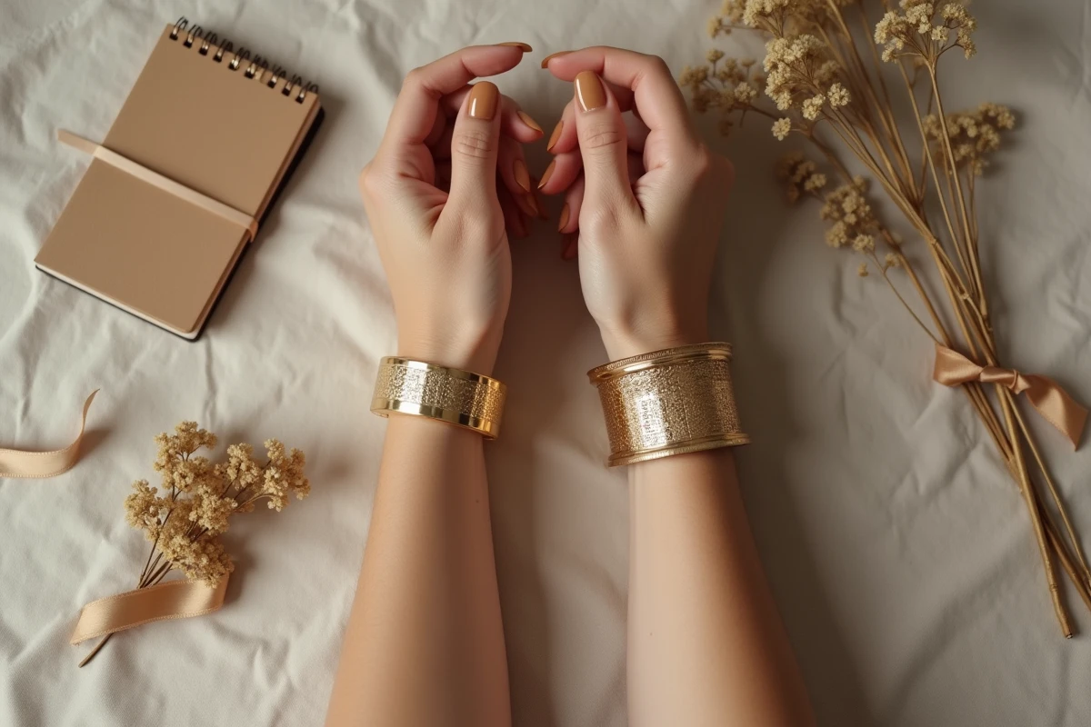Comparaison côte à côte d'un bracelet TRESOR fin et d'une manchette large en or sur fond de lin