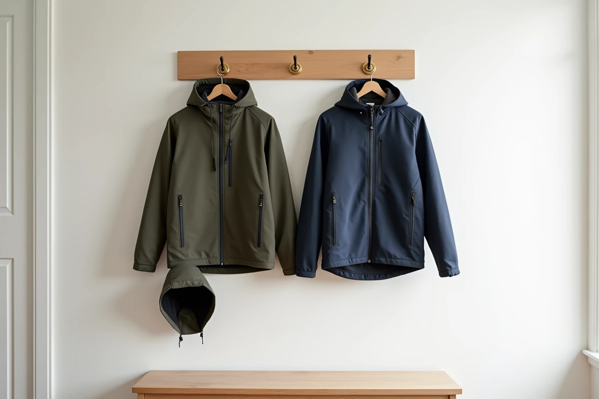 Comparaison entre une veste à capuche amovible et une veste à capuche intégrée accrochées dans un couloir minimaliste