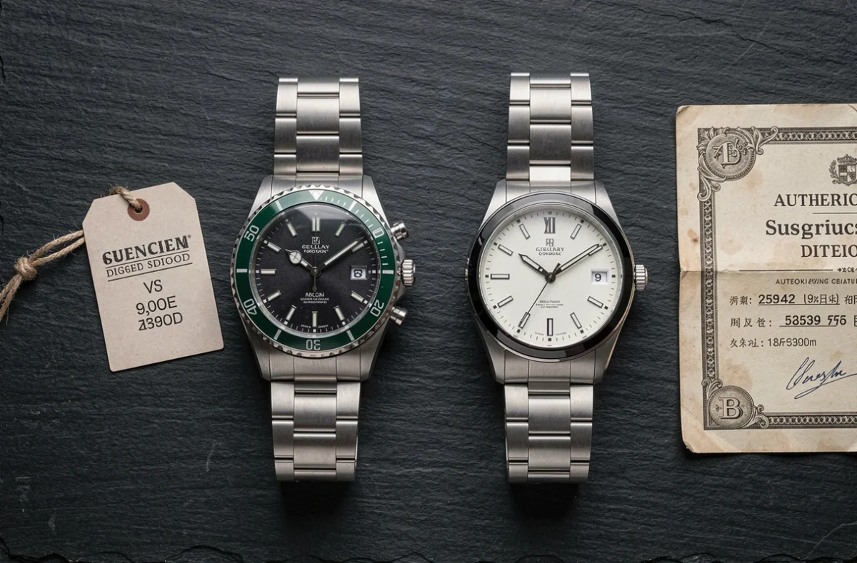 Comparaison de deux montres Rolex avec étiquette de prix et certificat d'authenticité sur ardoise