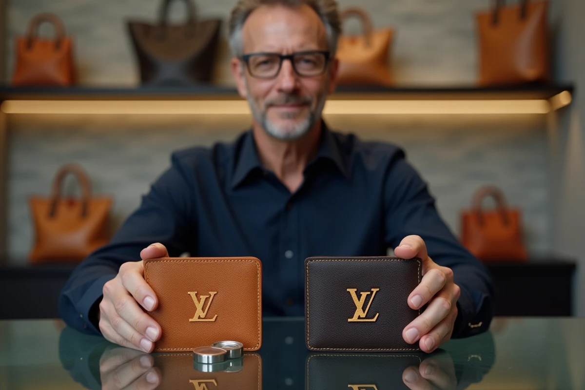 Comparaison de deux portefeuilles Louis Vuitton pour identifier un faux grâce aux détails du logo et du cuir