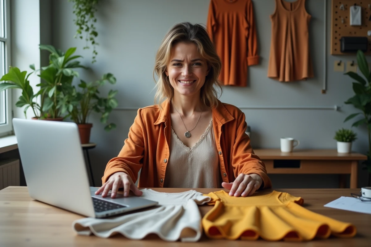 Femme comparant une robe reçue par livraison avec la photo du site e-commerce, illustrant les déceptions possibles lors d'un achat de robe en ligne