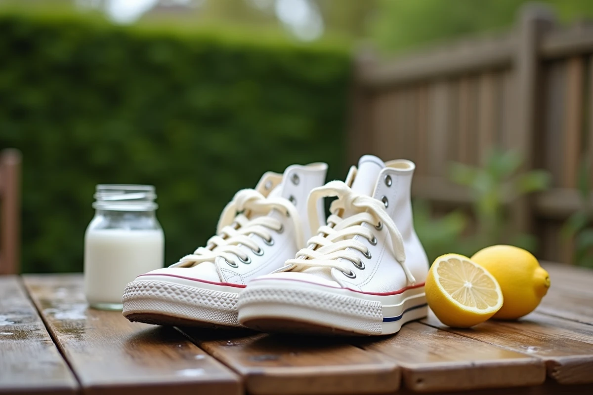 Converse blanches lavées posées sur une table en bois dans le jardin pour sécher avec du bicarbonate et du citron contre les mauvaises odeurs